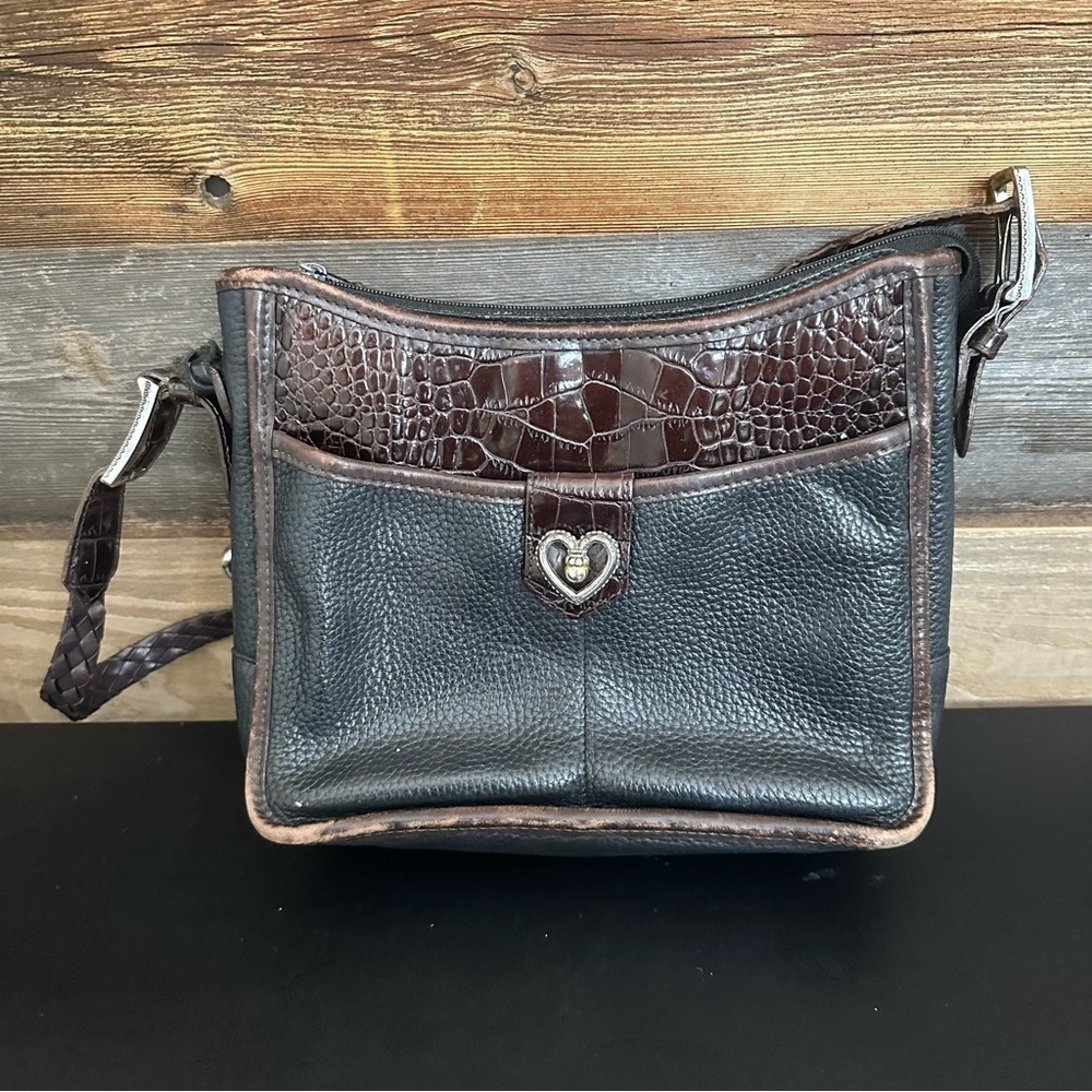 Vintage Brighton Pebble Grain Leather Black w/Brown Alligator Embossed Purse